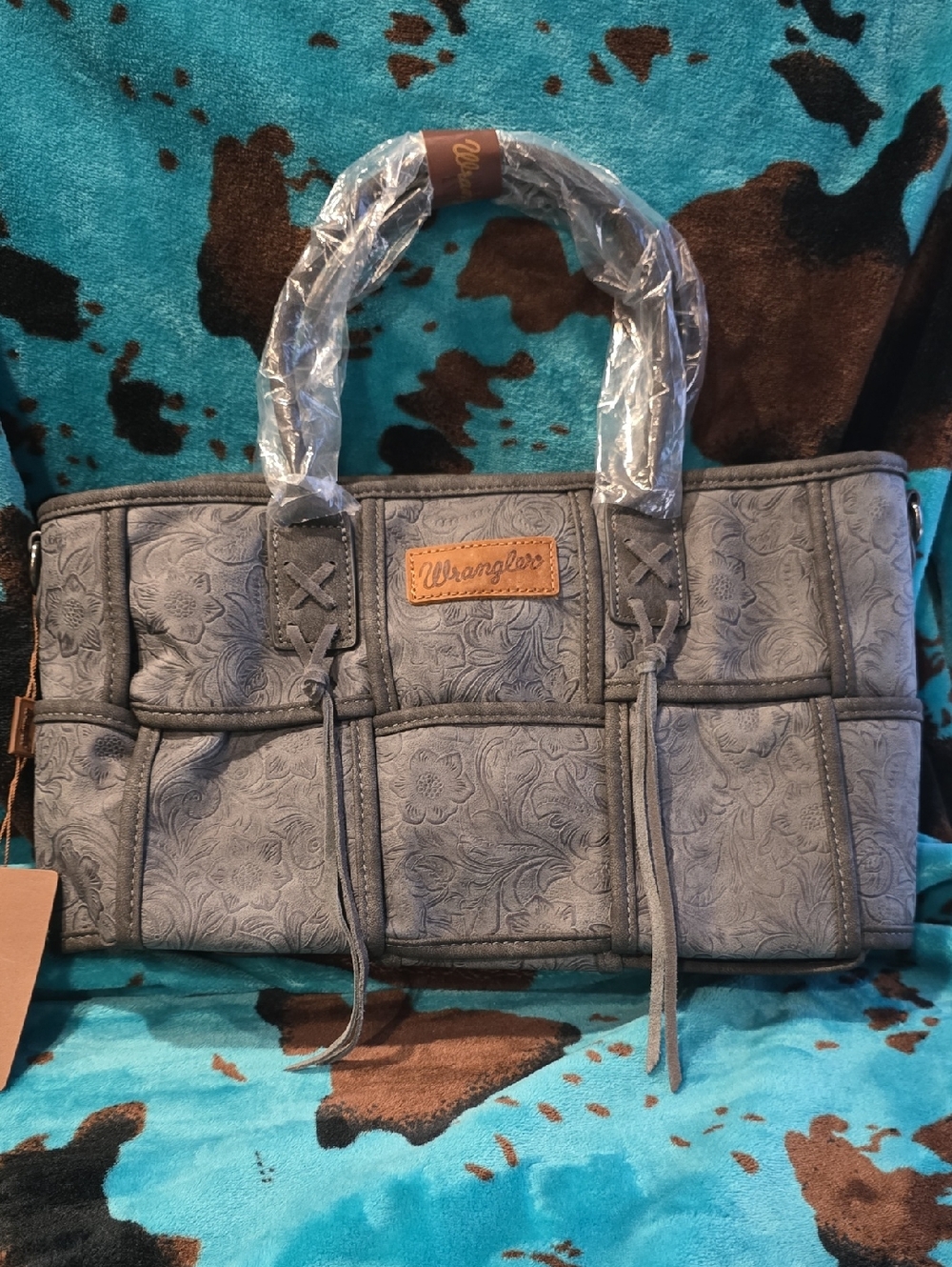 Wrangler Gray Floral Embossed Crossbody Tote with Chestnut Patch